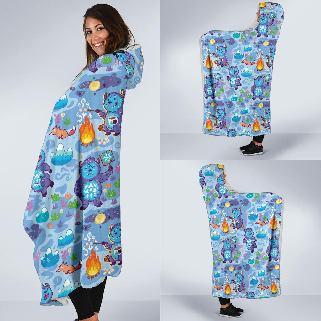 Bigfoot Blue Pattern Print Hooded Blanket-grizzshop
