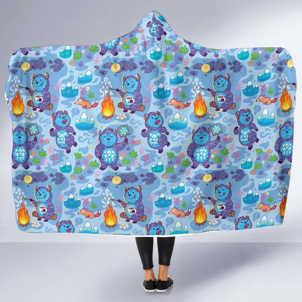 Bigfoot Blue Pattern Print Hooded Blanket-grizzshop