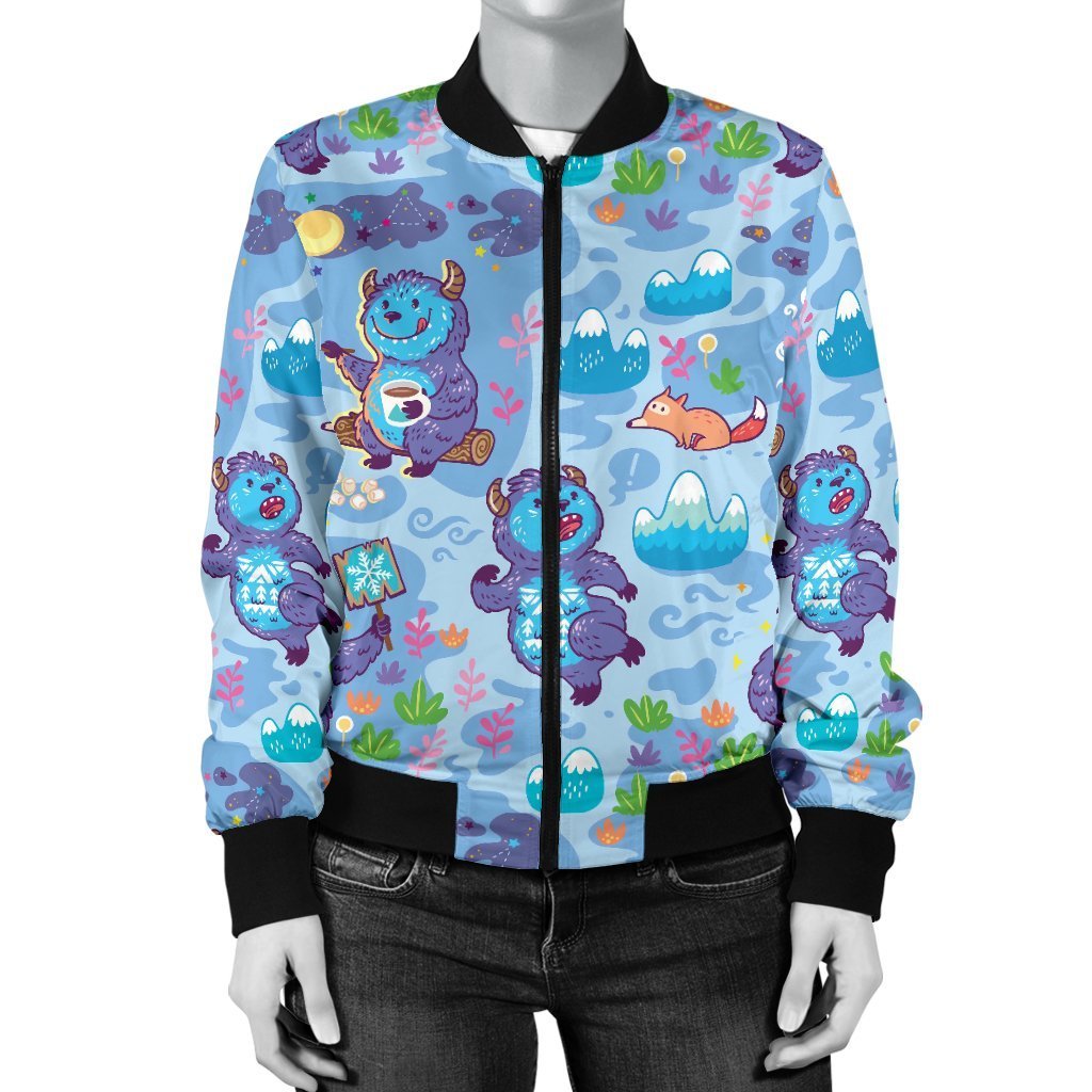 Bigfoot Blue Pattern Print Women Casual Bomber Jacket-grizzshop