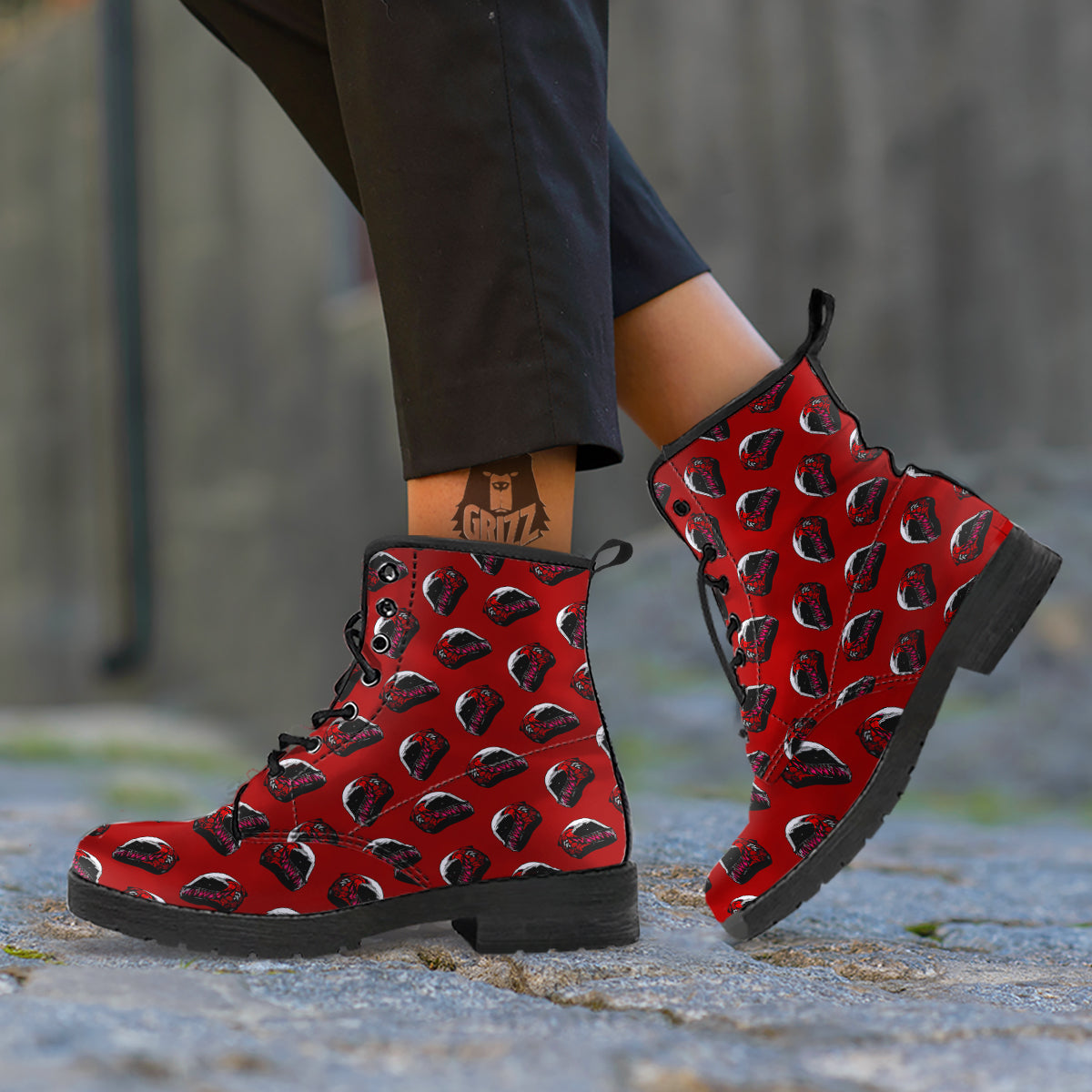 Biker Helmet Devil Print Pattern Leather Boots-grizzshop