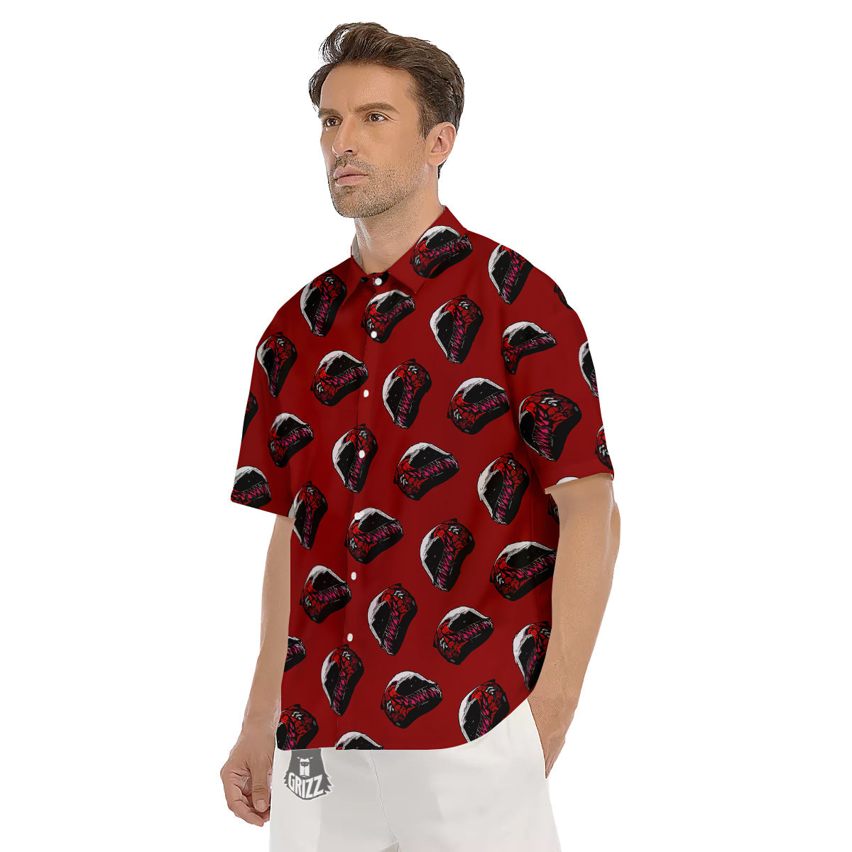 Biker Helmet Devil Print Pattern Men's Short Sleeve Shirts-grizzshop