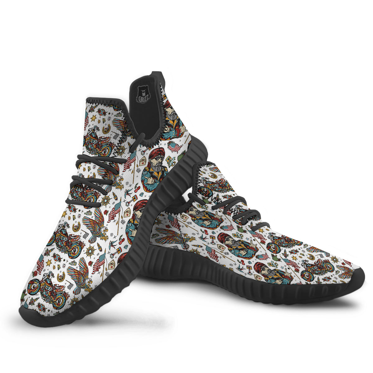 Bikers Old School Tattoo Print Pattern Black Walking Shoes-grizzshop