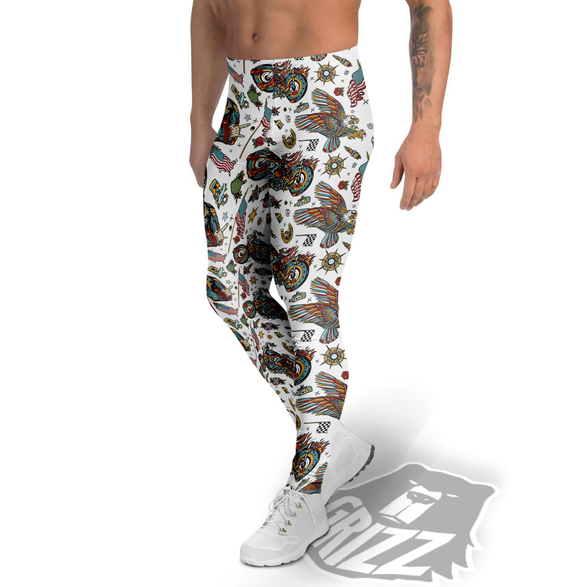 Bikers Old School Tattoo Print Pattern Men's Leggings-grizzshop