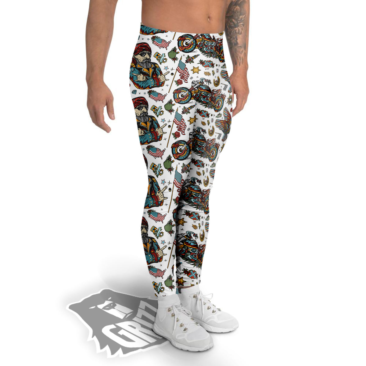 Bikers Old School Tattoo Print Pattern Men's Leggings-grizzshop