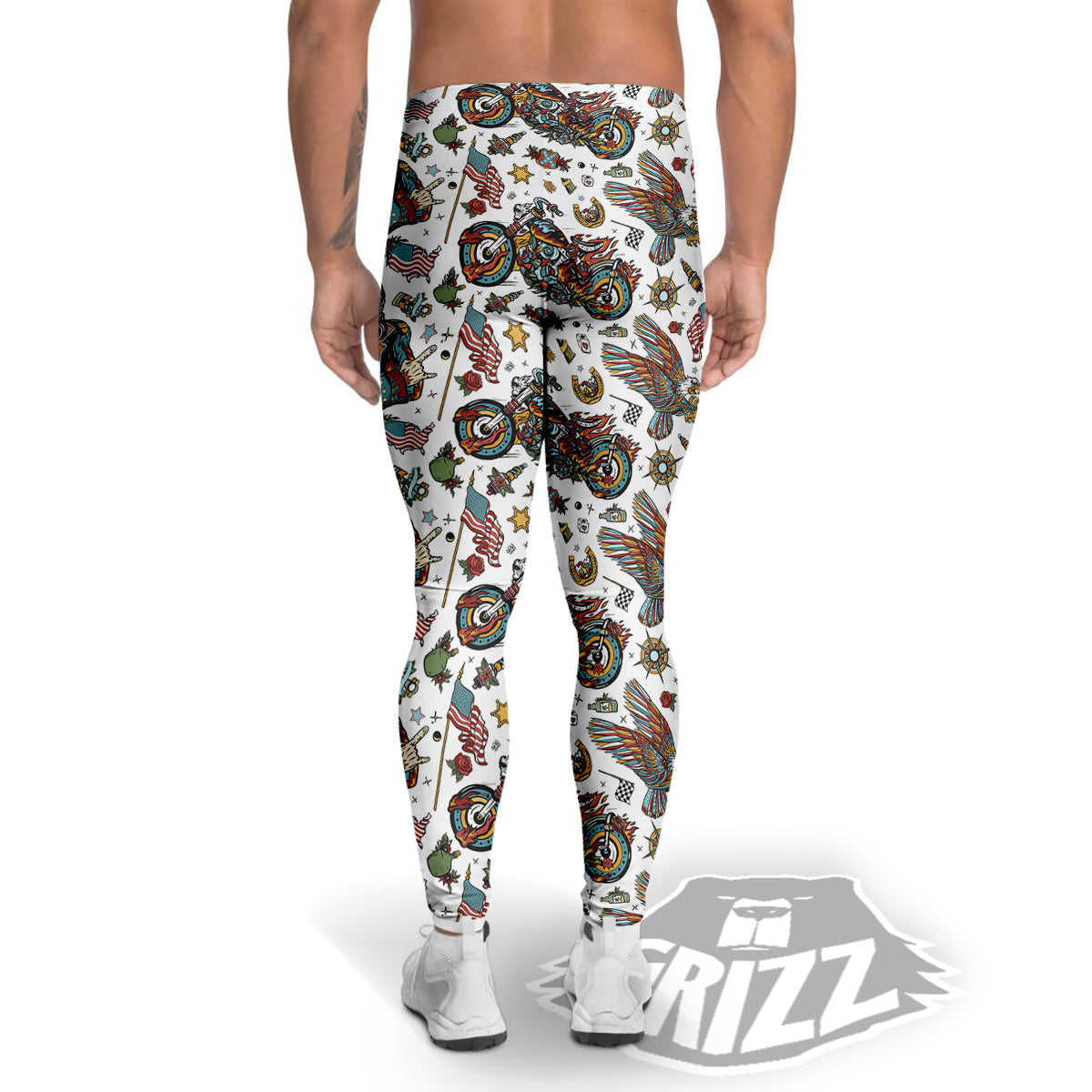 Bikers Old School Tattoo Print Pattern Men's Leggings-grizzshop