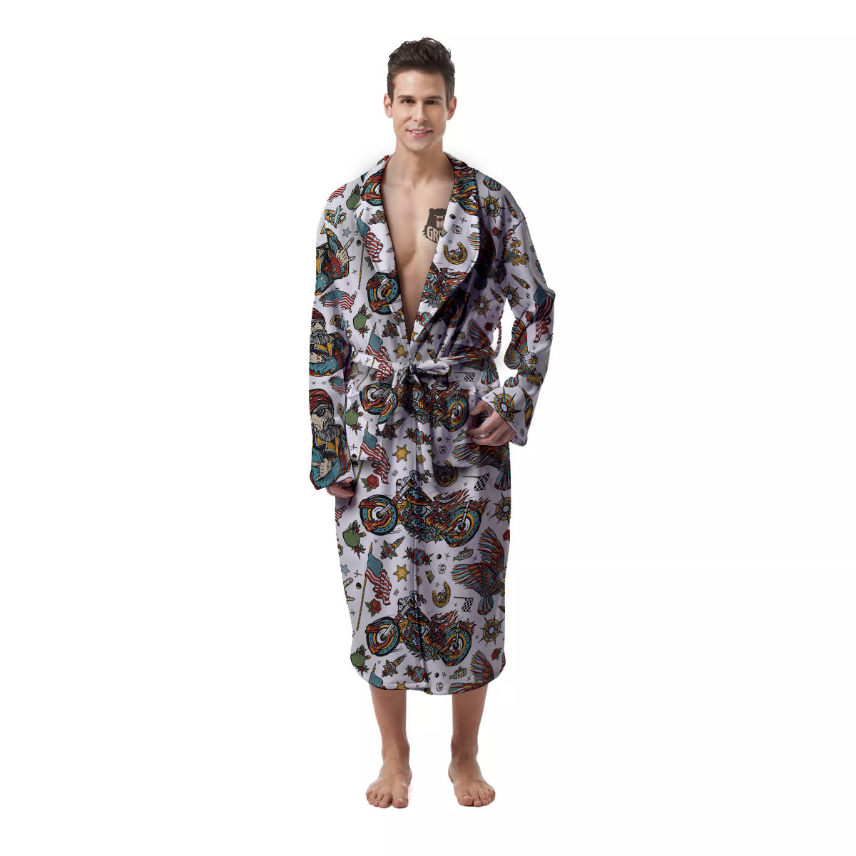 Bikers Old School Tattoo Print Pattern Men's Robe-grizzshop
