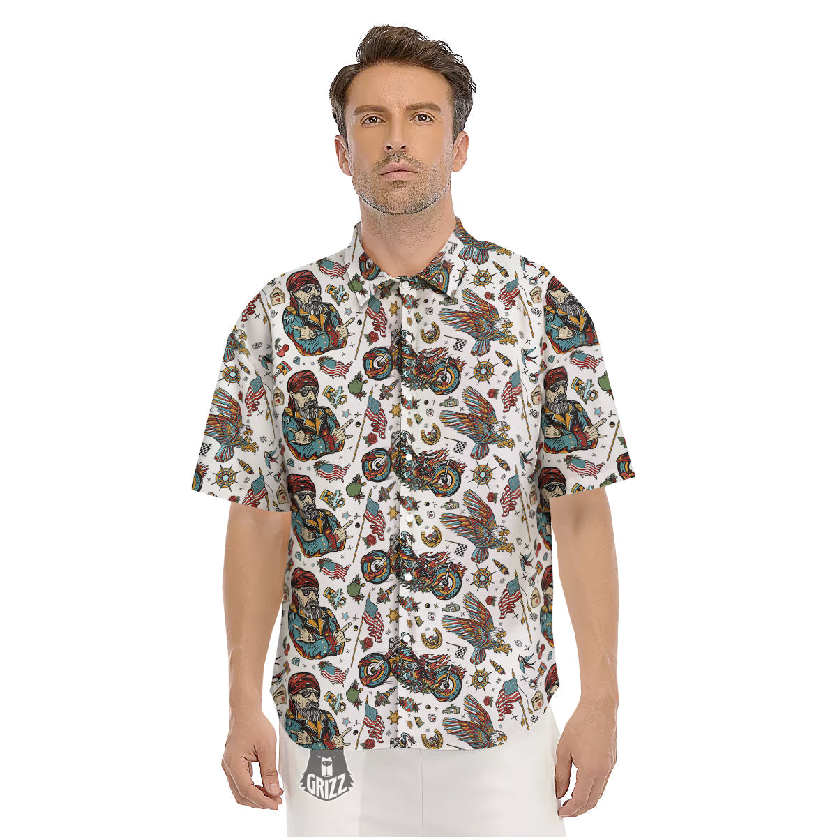 Bikers Old School Tattoo Print Pattern Men's Short Sleeve Shirts-grizzshop