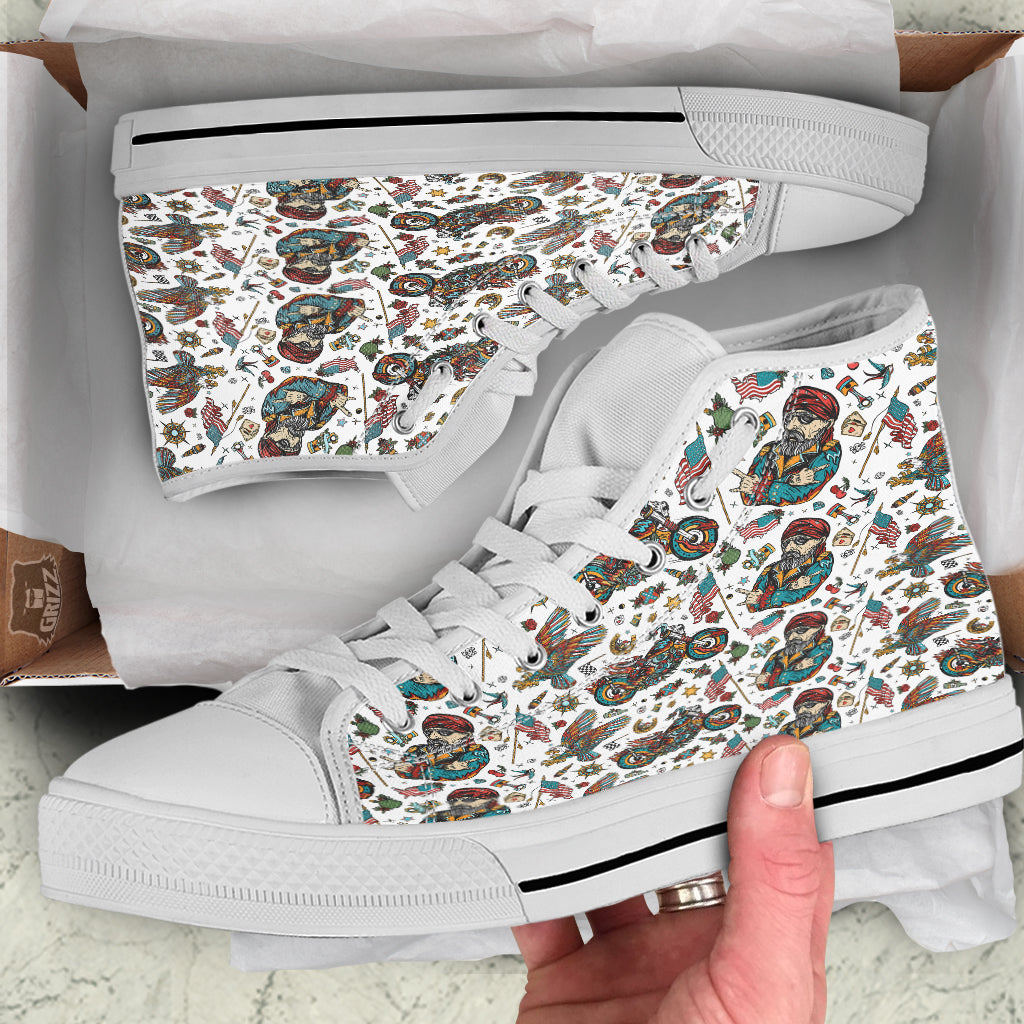Bikers Old School Tattoo Print Pattern White High Top Shoes-grizzshop