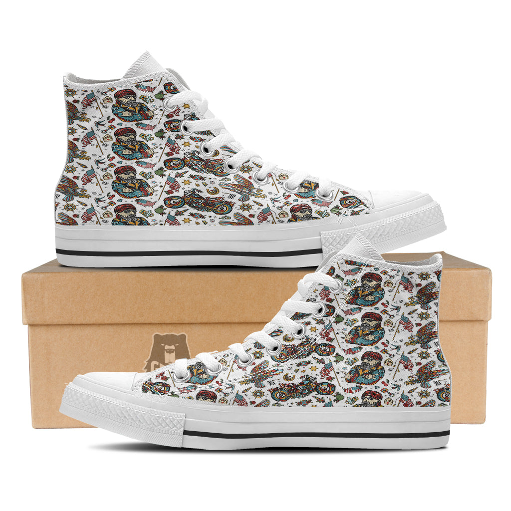 Bikers Old School Tattoo Print Pattern White High Top Shoes-grizzshop