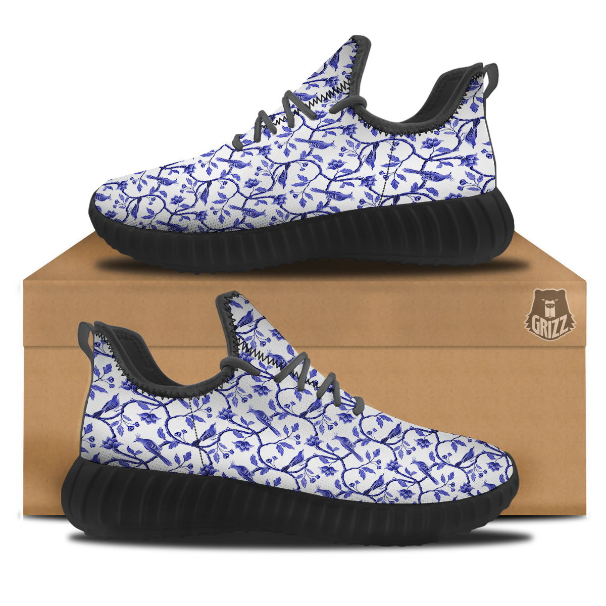 Bird Chinoiserie Print Pattern Black Walking Shoes-grizzshop