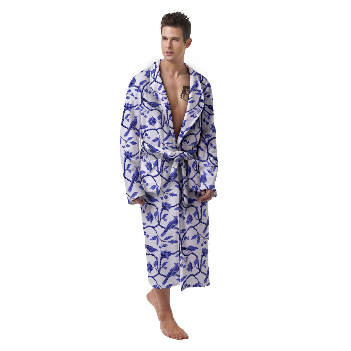 Bird Chinoiserie Print Pattern Men's Robe-grizzshop
