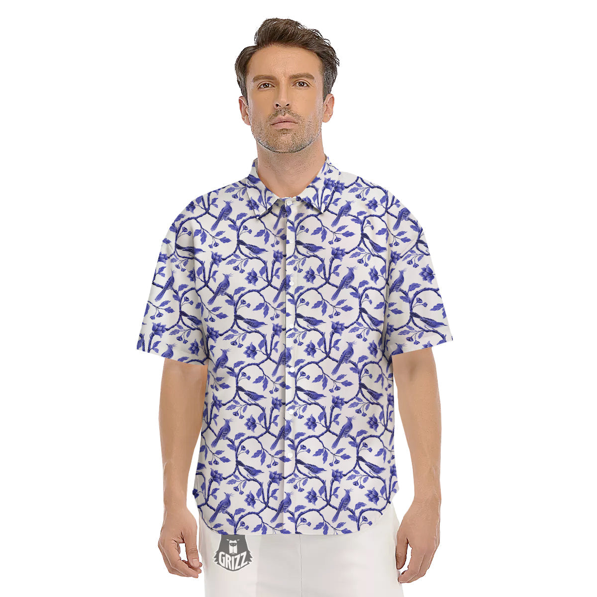 Bird Chinoiserie Print Pattern Men's Short Sleeve Shirts-grizzshop