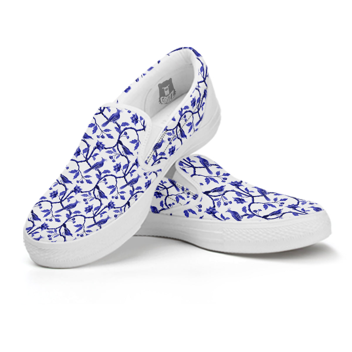 Bird Chinoiserie Print Pattern White Slip On Shoes-grizzshop