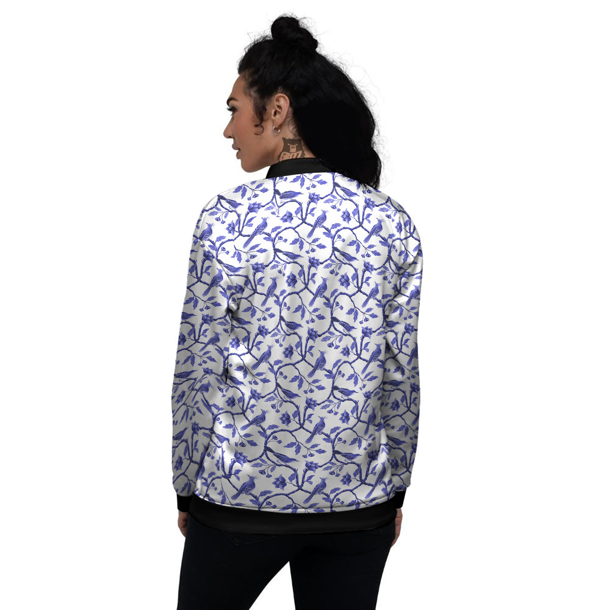 Bird Chinoiserie Print Pattern Women's Bomber Jacket-grizzshop