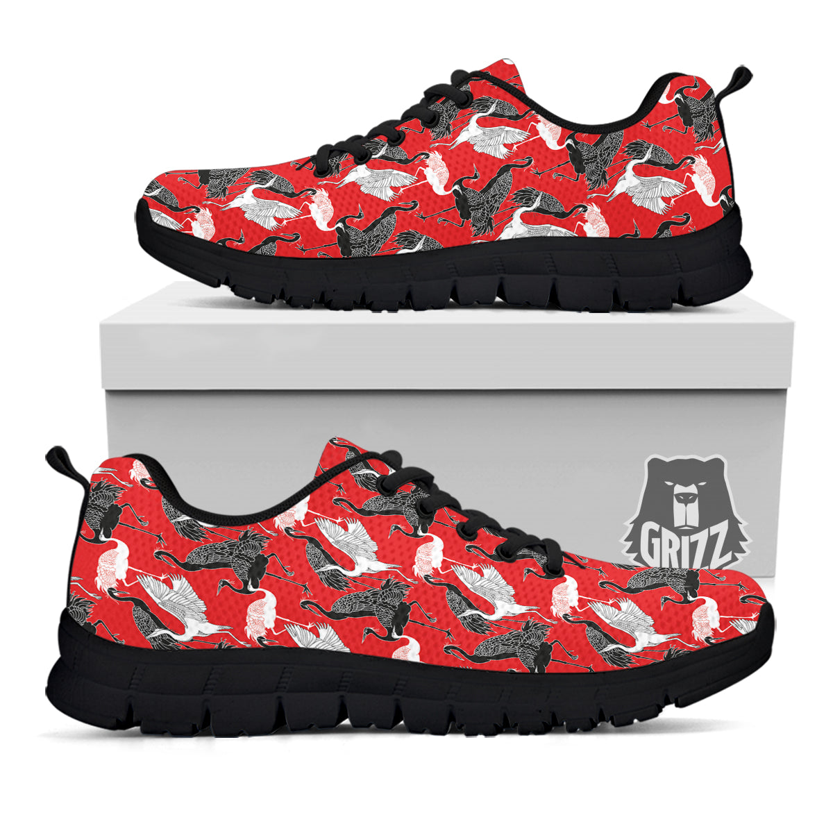 Bird Crane Print Pattern Black Sneaker-grizzshop