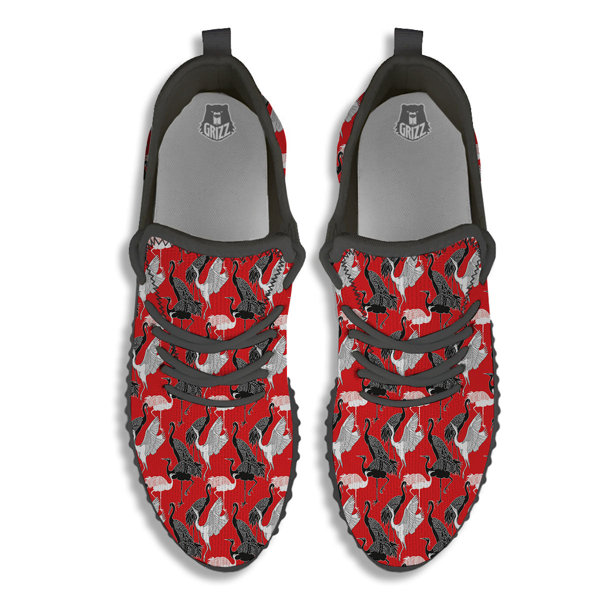 Bird Crane Print Pattern Black Walking Shoes-grizzshop