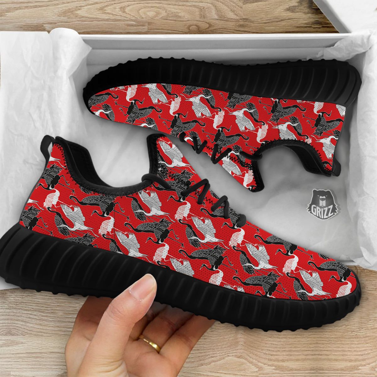Bird Crane Print Pattern Black Walking Shoes-grizzshop