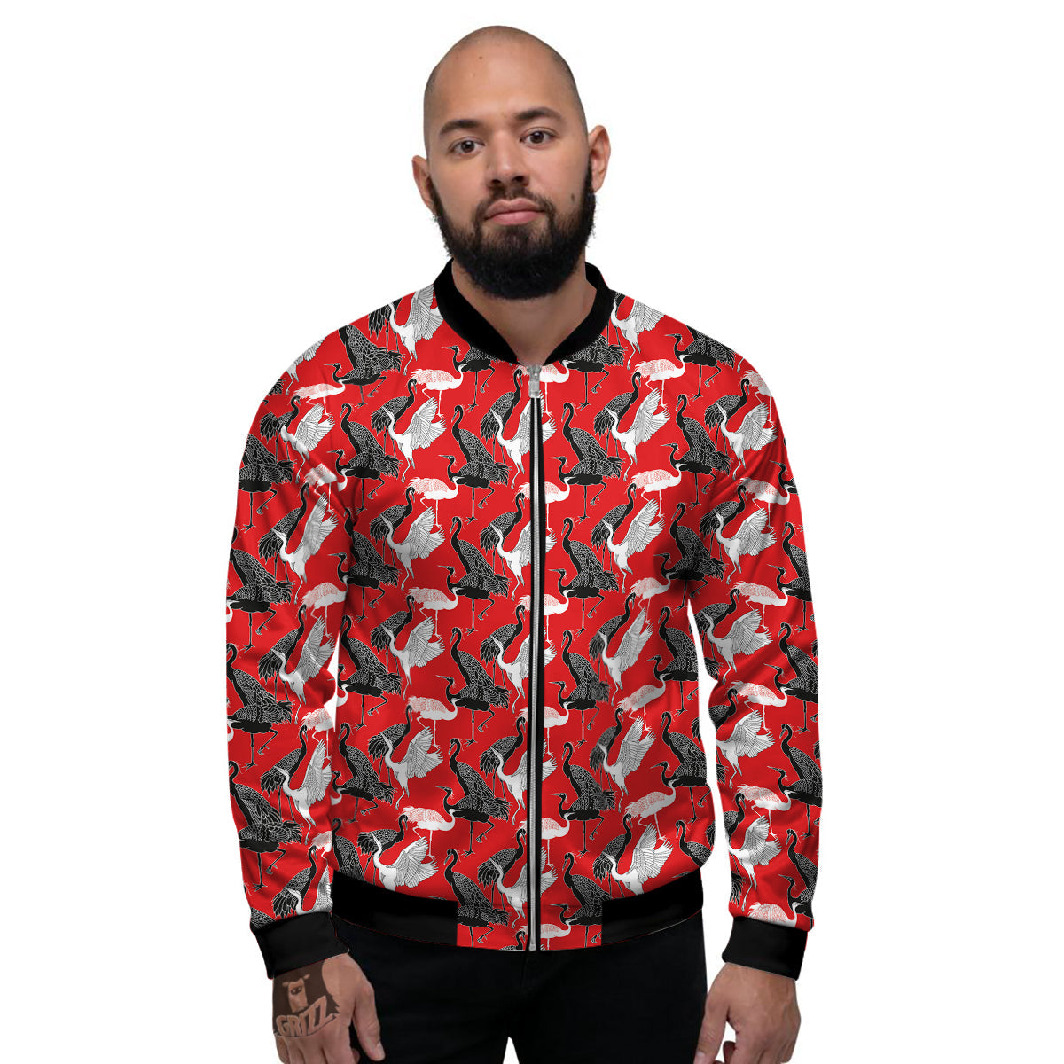 Bird Crane Print Pattern Men's Bomber Jacket-grizzshop