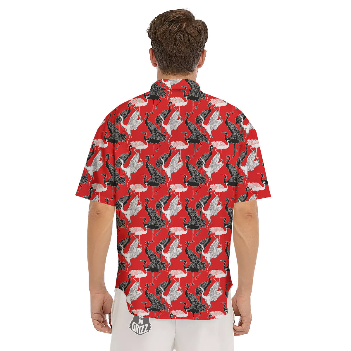 Bird Crane Print Pattern Men's Short Sleeve Shirts-grizzshop