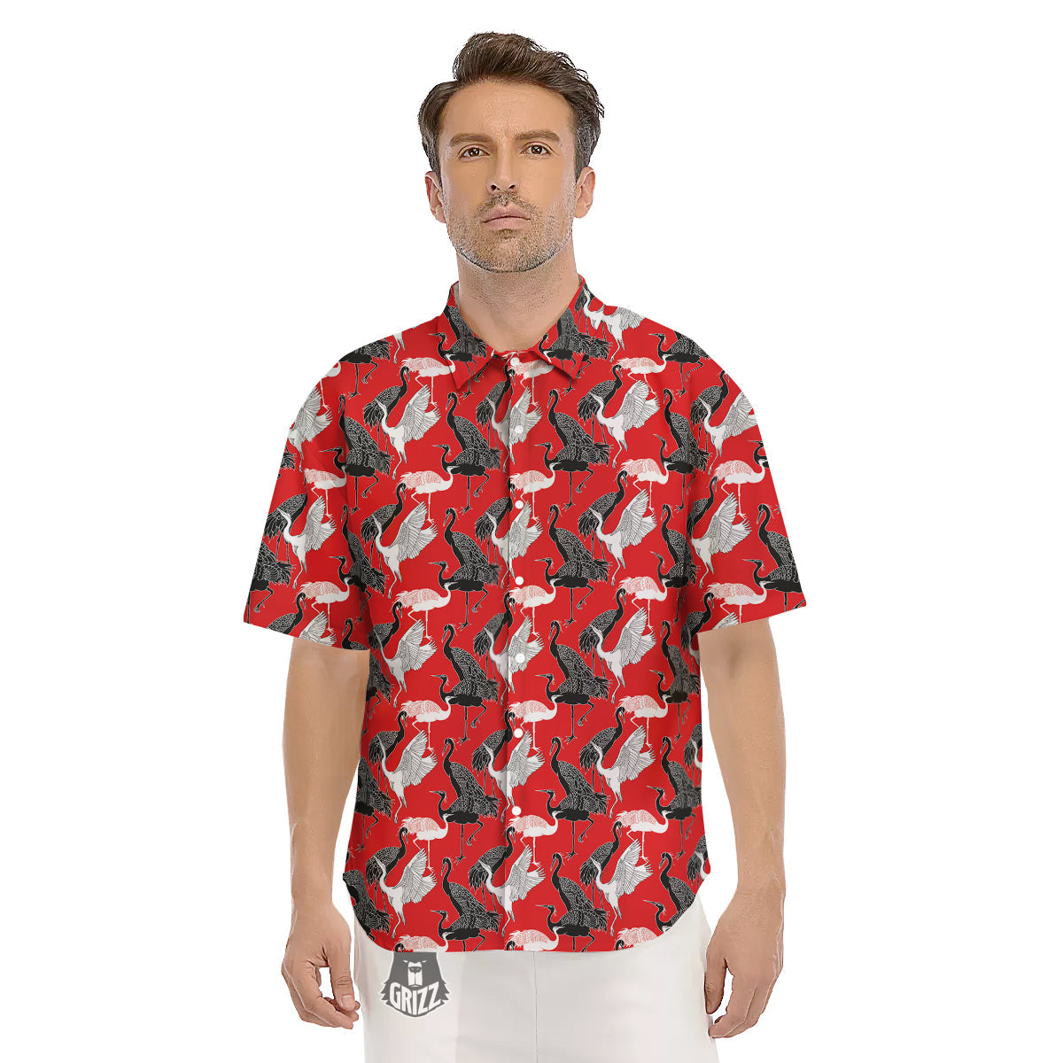 Bird Crane Print Pattern Men's Short Sleeve Shirts-grizzshop