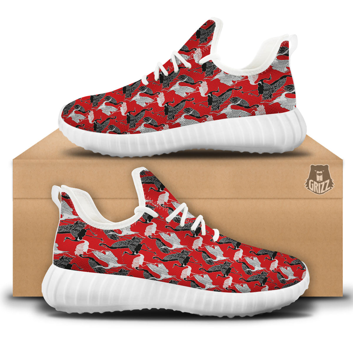 Bird Crane Print Pattern White Walking Shoes-grizzshop