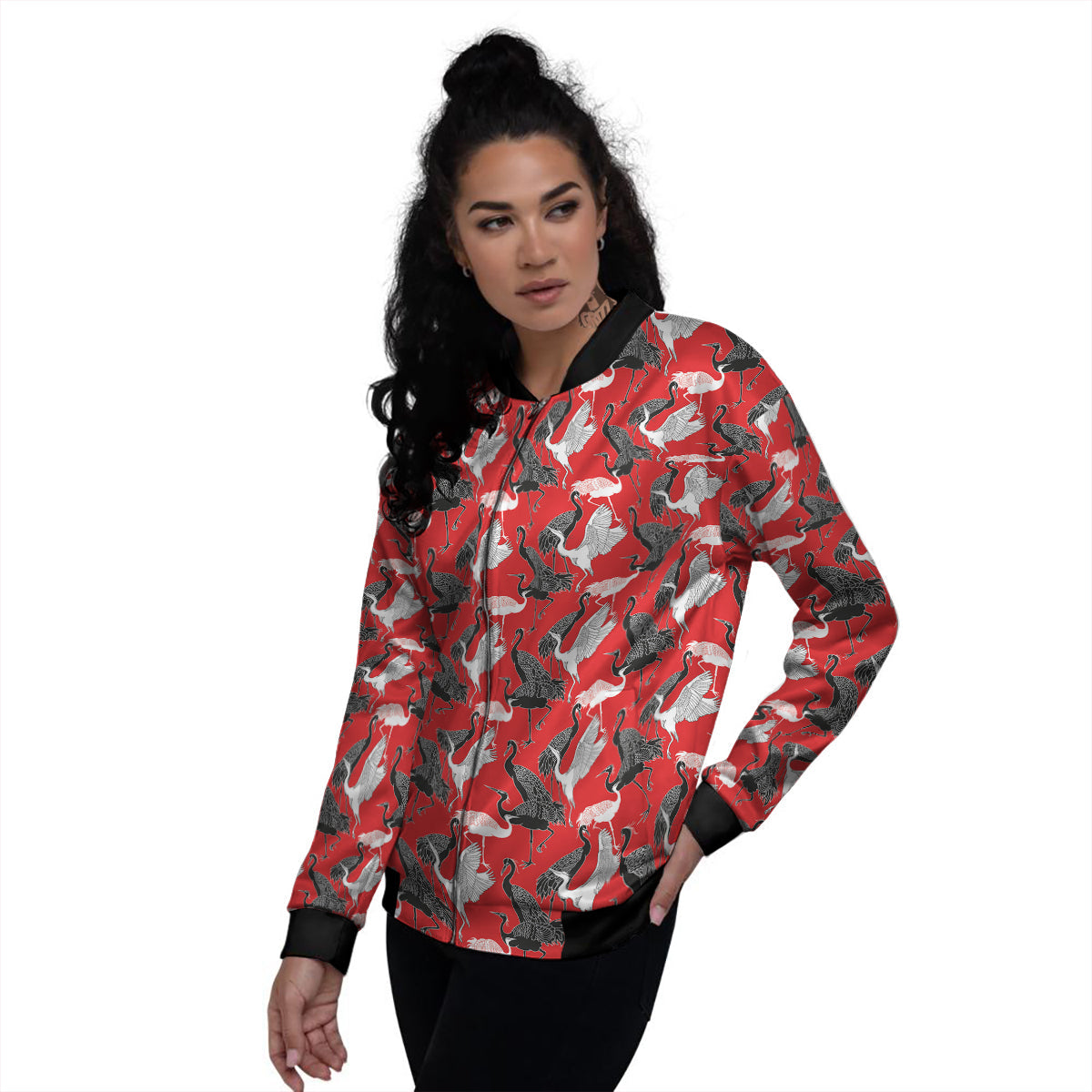 Bird Crane Print Pattern Women's Bomber Jacket-grizzshop