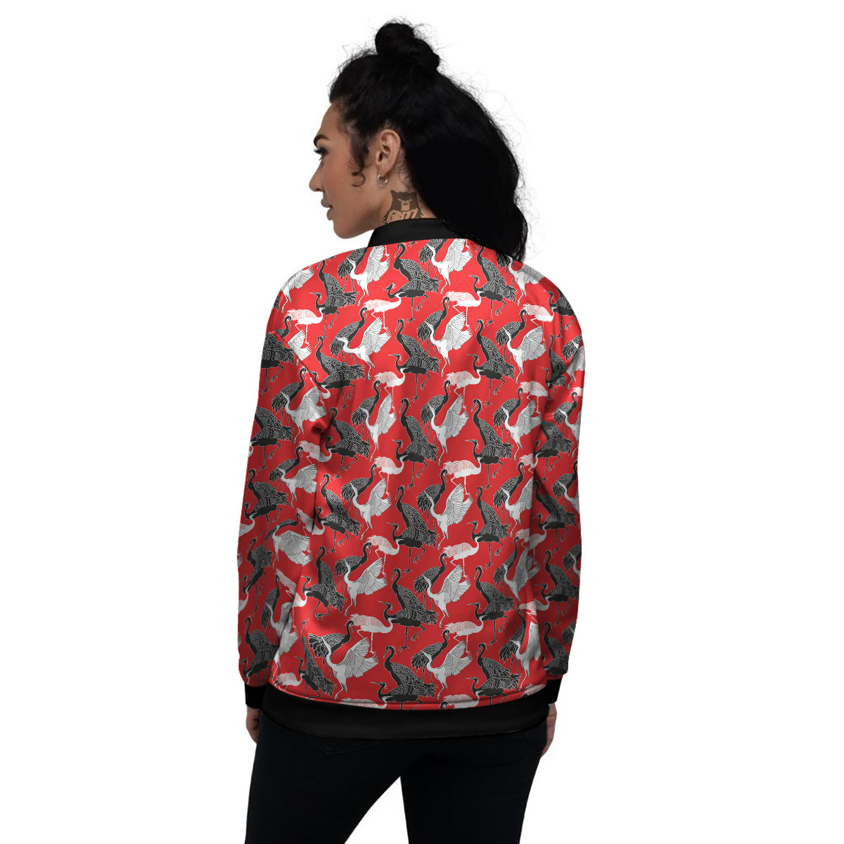 Bird Crane Print Pattern Women's Bomber Jacket-grizzshop