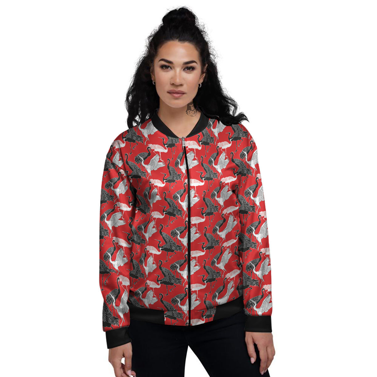 Bird Crane Print Pattern Women's Bomber Jacket-grizzshop