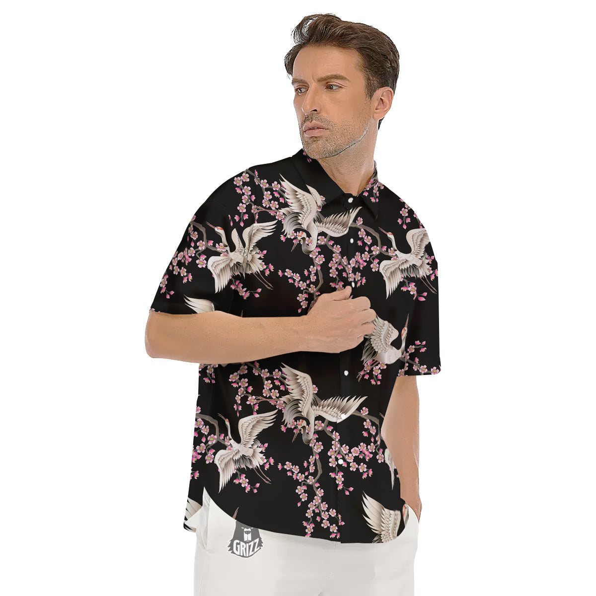 Bird Crane Watercolor Print Pattern Men's Short Sleeve Shirts-grizzshop