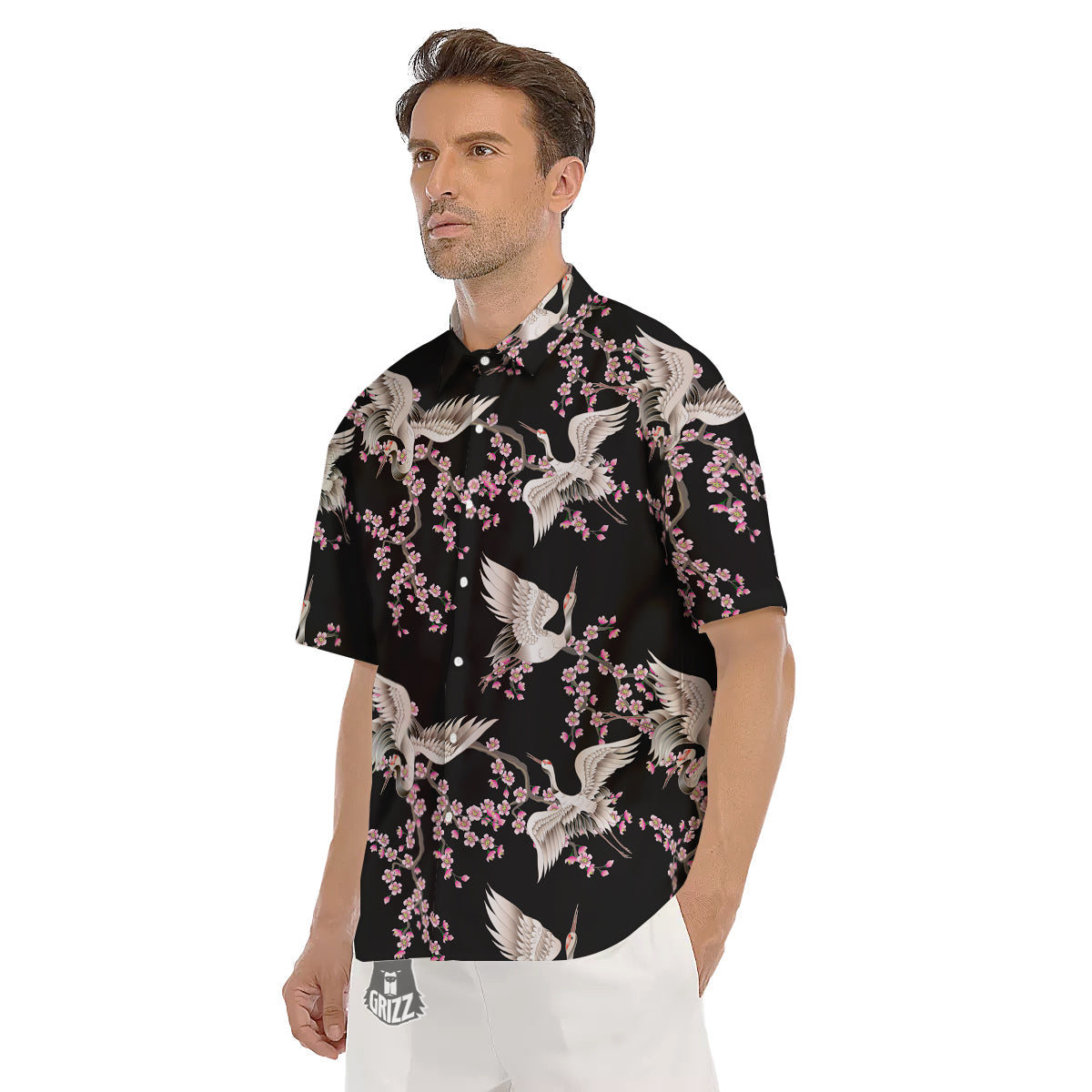 Bird Crane Watercolor Print Pattern Men's Short Sleeve Shirts-grizzshop