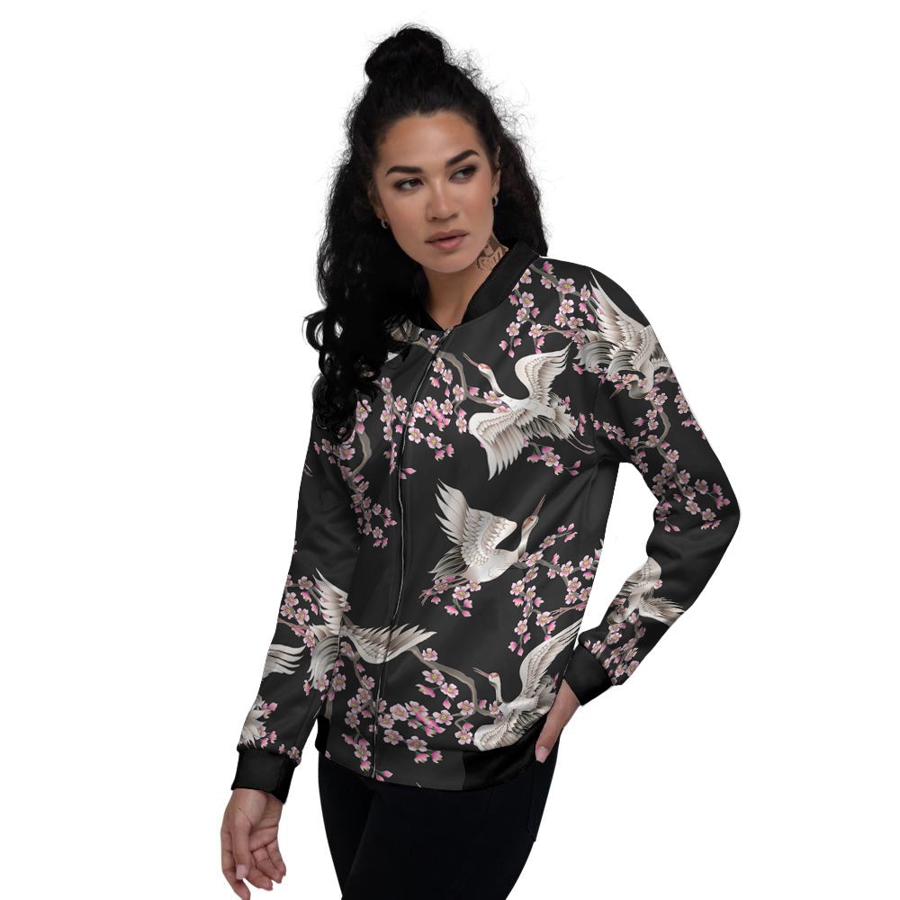 Bird Crane Watercolor Print Pattern Women's Bomber Jacket-grizzshop
