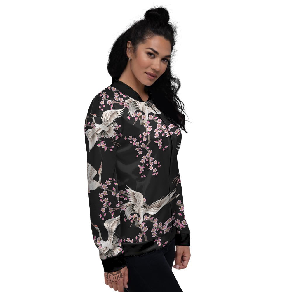 Bird Crane Watercolor Print Pattern Women's Bomber Jacket-grizzshop