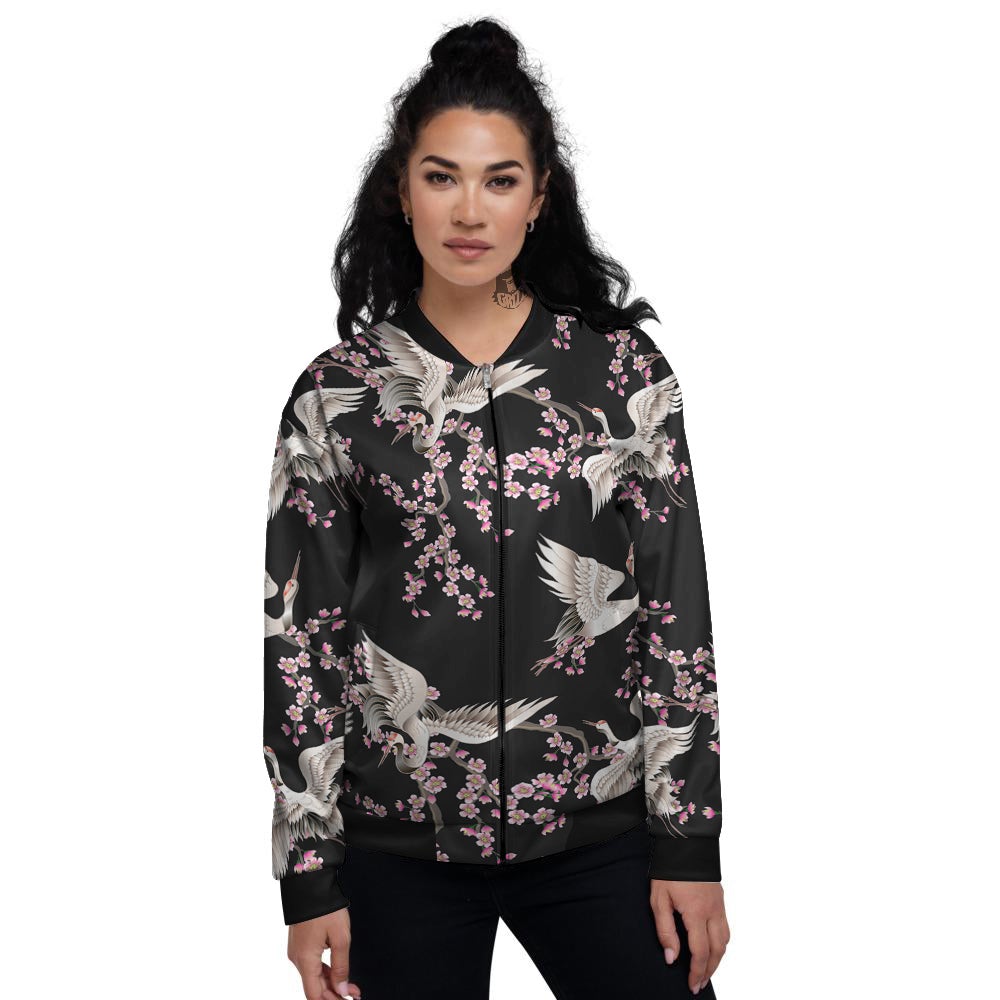 Bird Crane Watercolor Print Pattern Women's Bomber Jacket-grizzshop