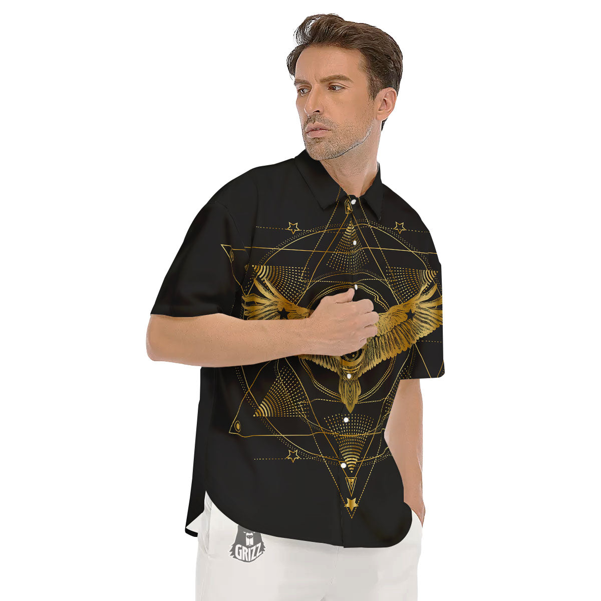 Bird Spiritual Golden Print Men's Short Sleeve Shirts-grizzshop