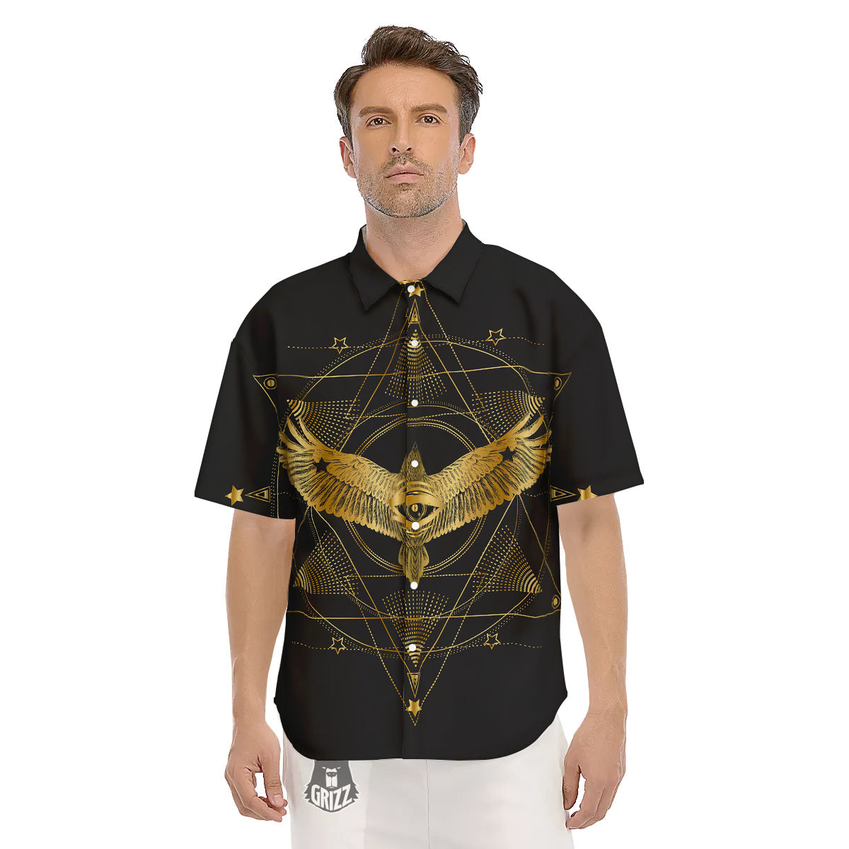 Bird Spiritual Golden Print Men's Short Sleeve Shirts-grizzshop