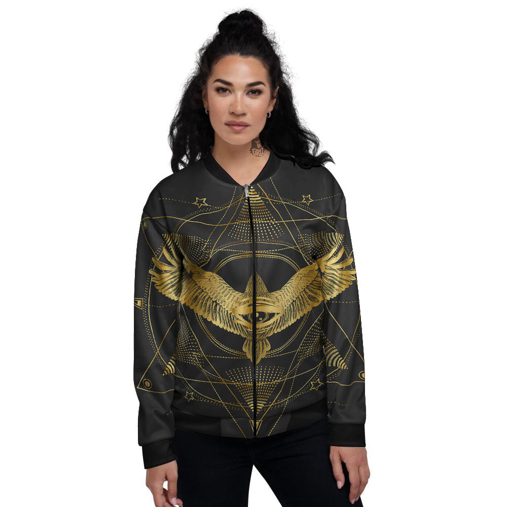 Bird Spiritual Golden Print Women's Bomber Jacket-grizzshop
