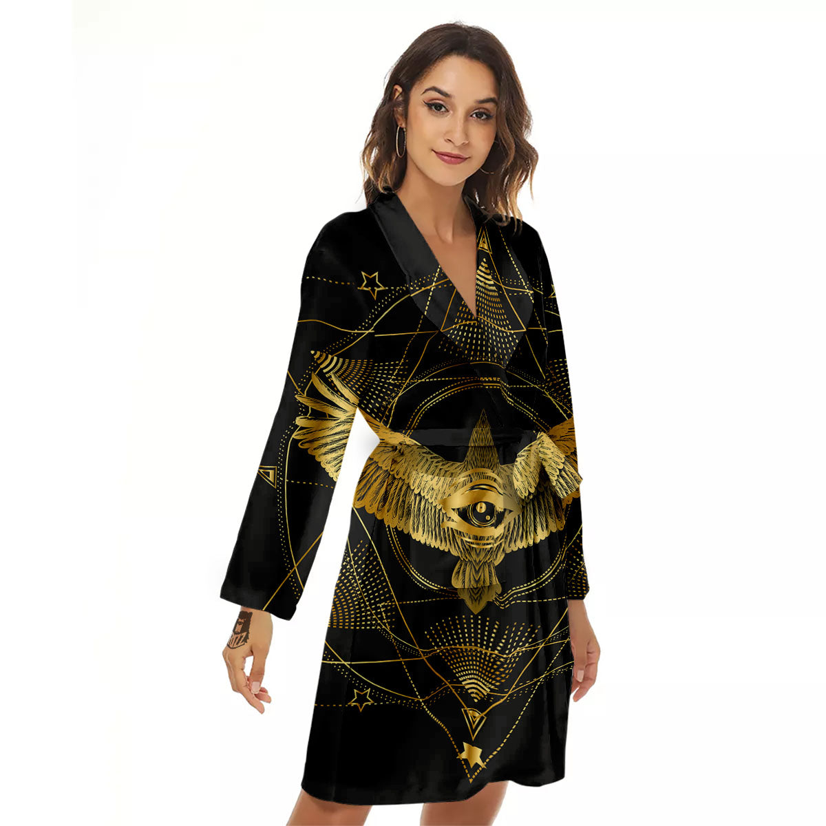 Bird Spiritual Golden Print Women's Robe-grizzshop