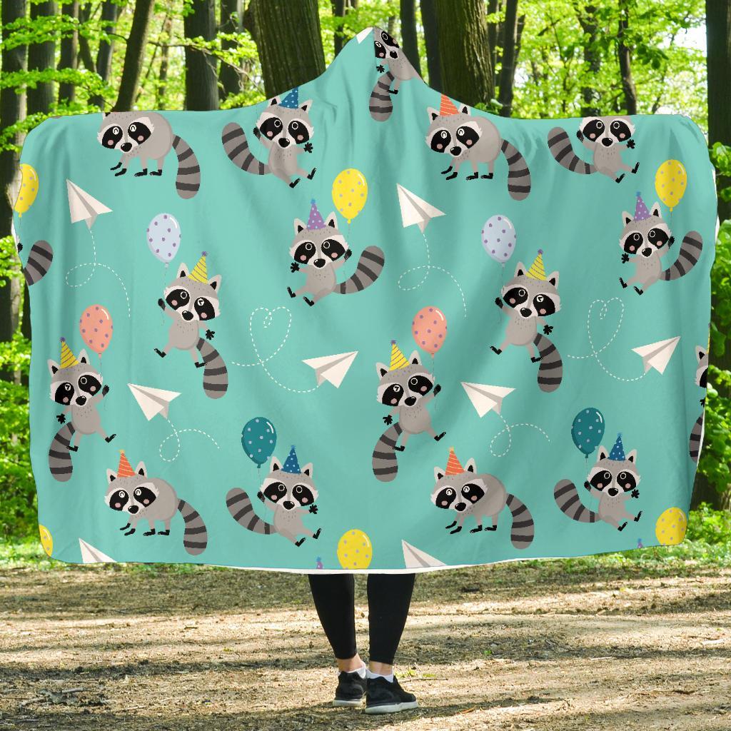 Birthday Raccoon Pattern Print Hooded Blanket-grizzshop