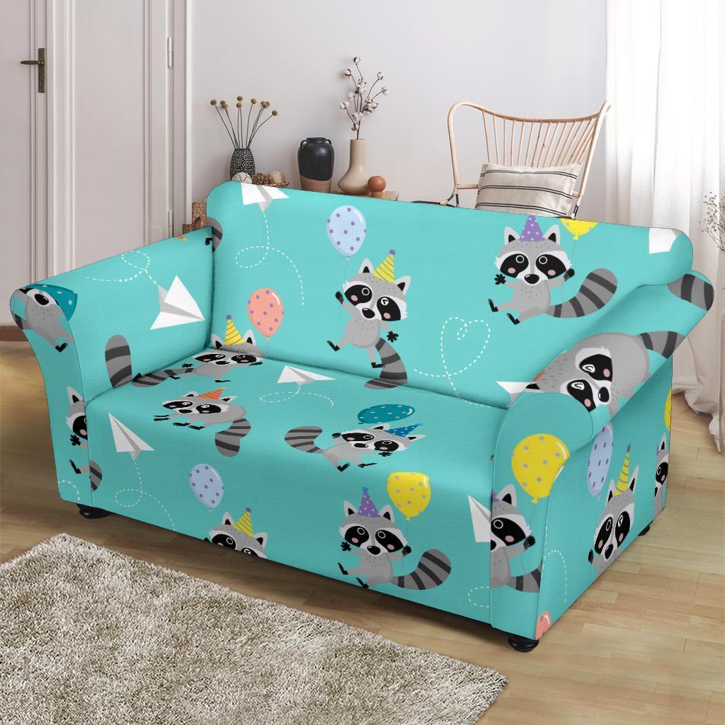 Birthday Raccoon Pattern Print Loveseat Cover-grizzshop