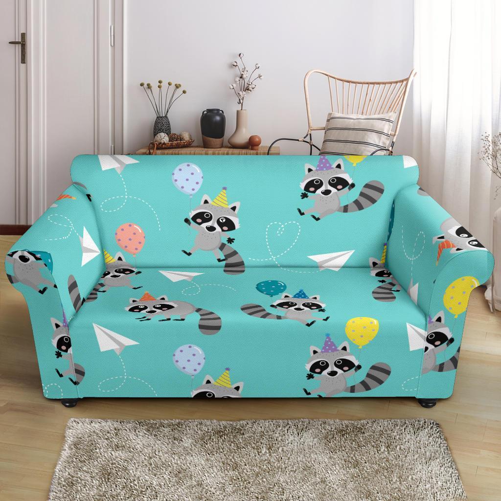 Birthday Raccoon Pattern Print Loveseat Cover-grizzshop