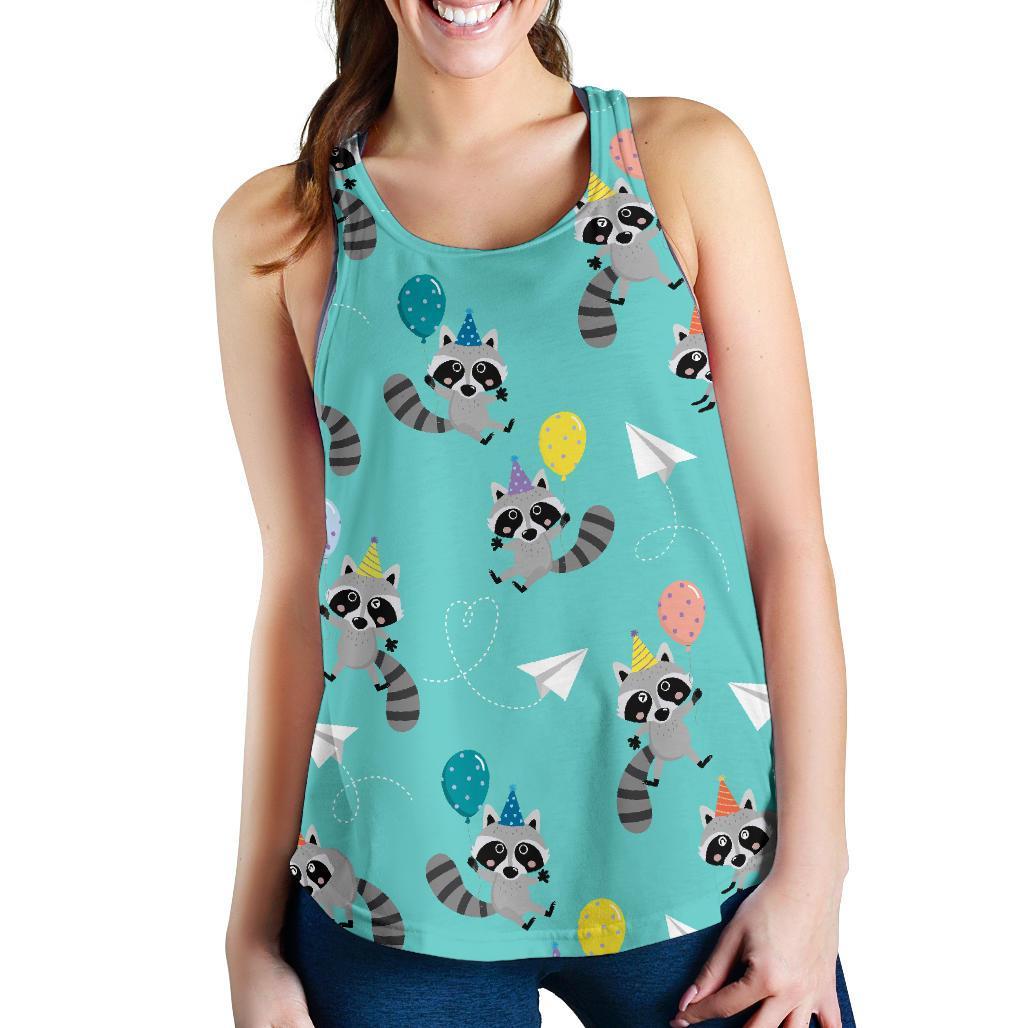 Birthday Raccoon Pattern Print Women's Racerback Tank Tops-grizzshop