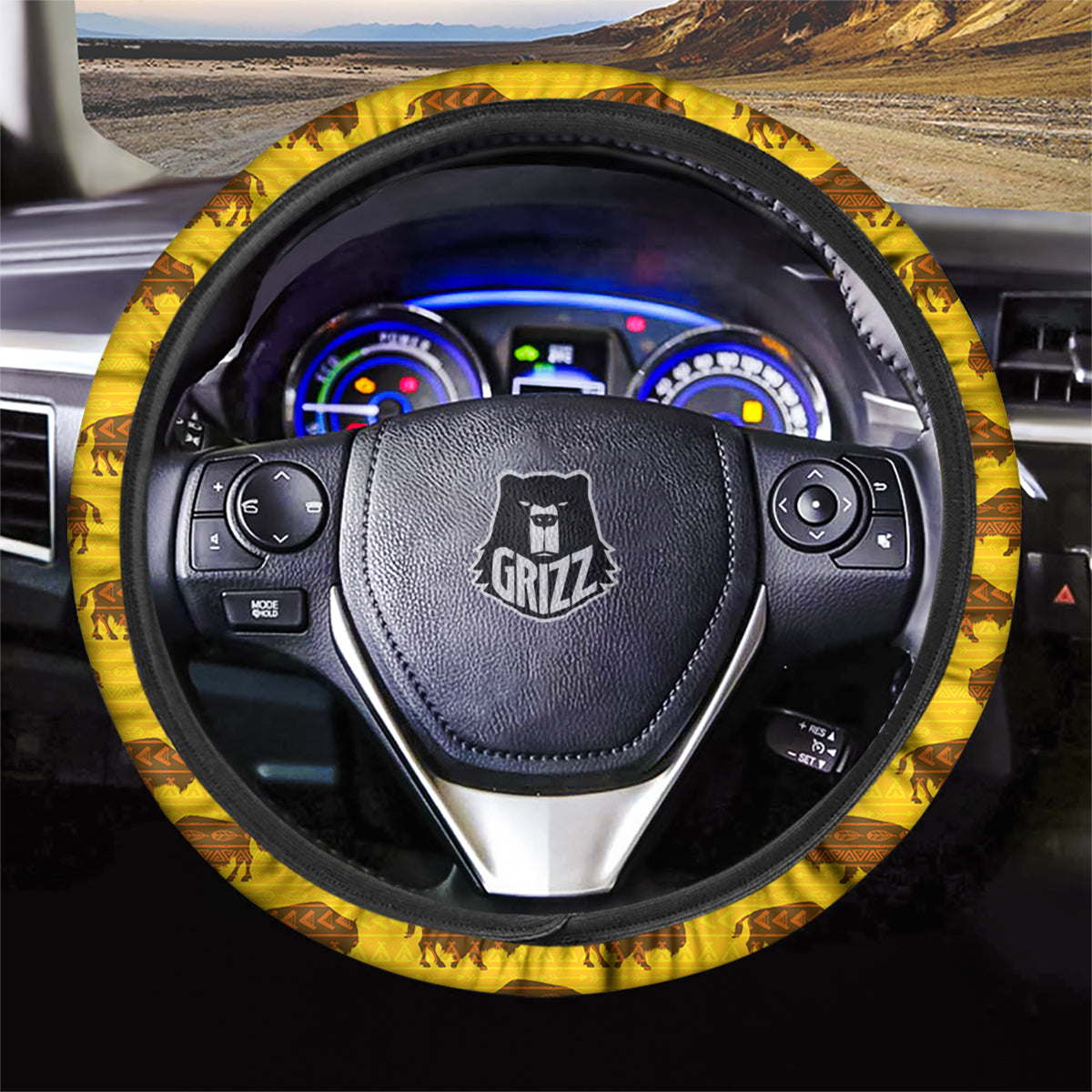 Bison Aztec Print Pattern Car Steering Wheel Cover-grizzshop