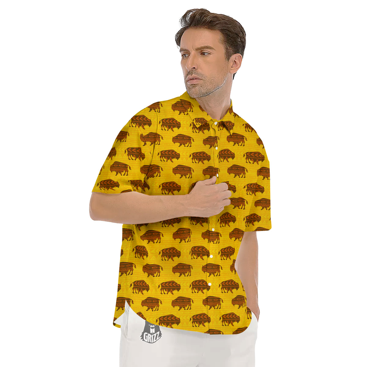 Bison Aztec Print Pattern Men's Short Sleeve Shirts-grizzshop