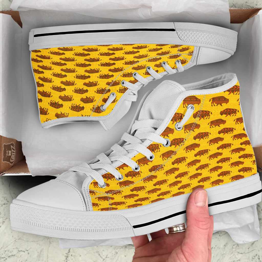 Bison Aztec Print Pattern White High Top Shoes-grizzshop