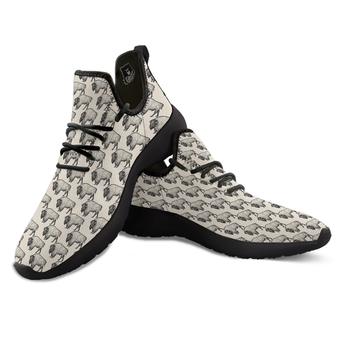 Bison Beige Print Pattern Black Athletic Shoes-grizzshop