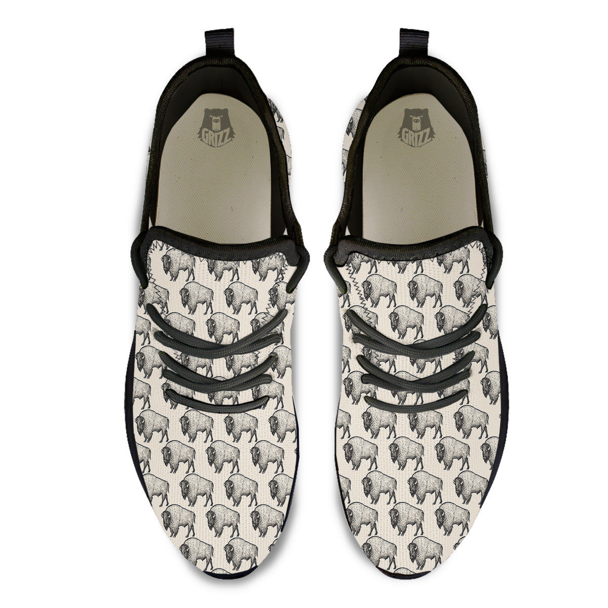 Bison Beige Print Pattern Black Athletic Shoes-grizzshop