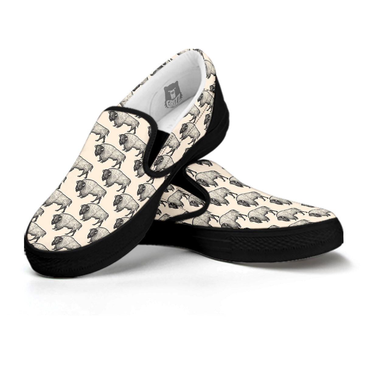 Bison Beige Print Pattern Black Slip On Shoes-grizzshop
