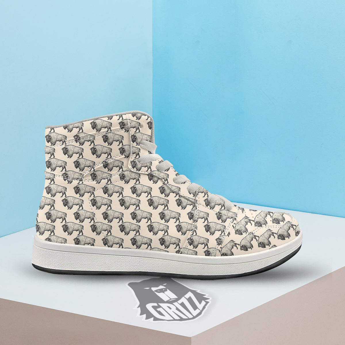 Bison Beige Print Pattern High Top Sneakers-grizzshop