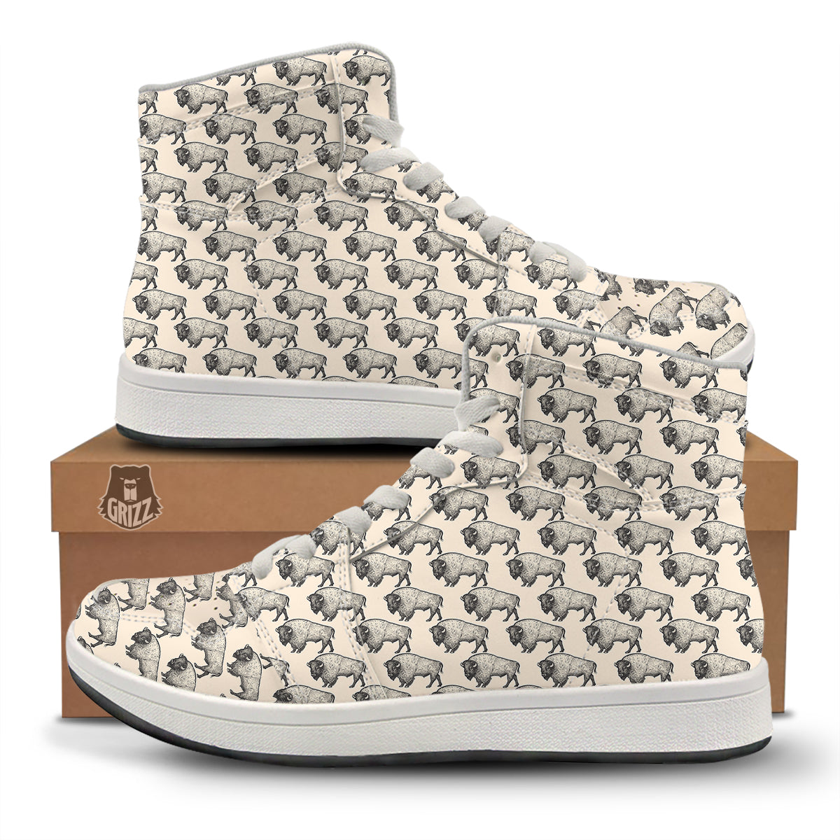 Bison Beige Print Pattern High Top Sneakers-grizzshop