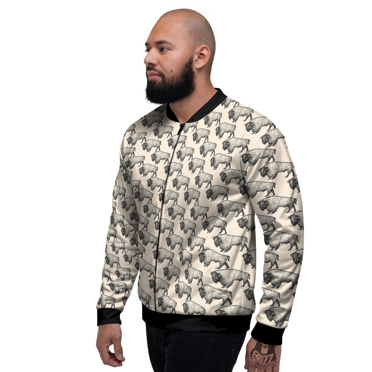 Bison Beige Print Pattern Men's Bomber Jacket-grizzshop